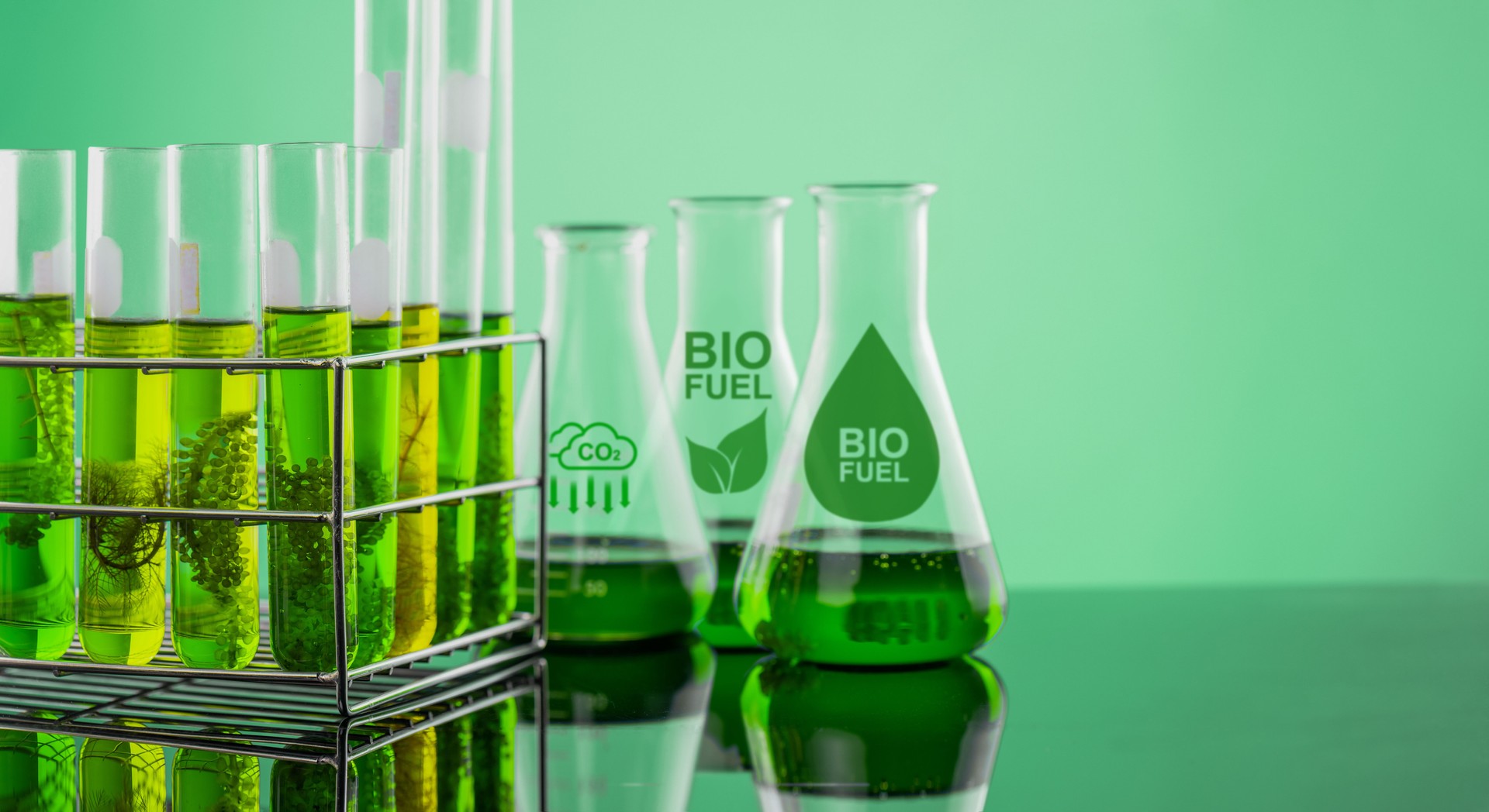 Algae fuel biofuel industry lab researching for bio-aviation fuel (BAF) to be a sustainable aviation fuel (SAF)